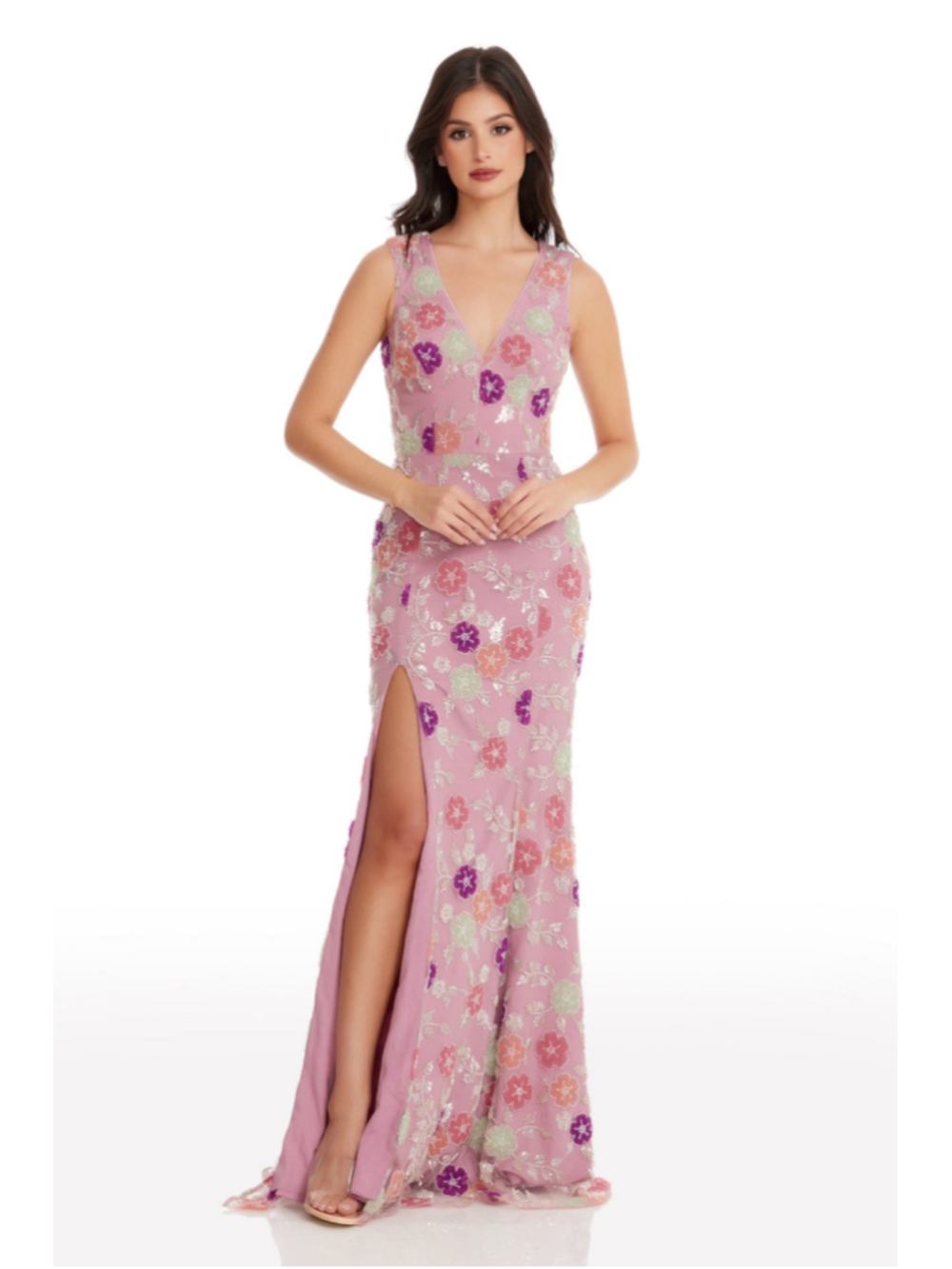 Dress the Population Sandra Floral Beaded Trumpeth Gown Maxi Mauve Small Dress